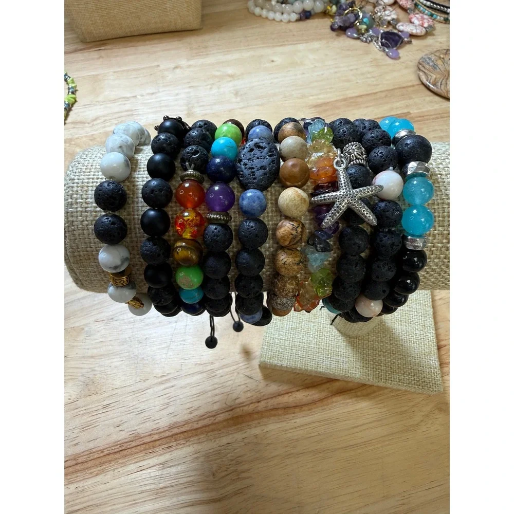 Beaded Bracelet Set Multicolor Lava‎ Rock Chakra Boho Starfish